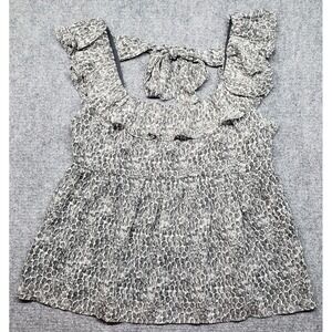 Banana Republic Top Womens Small Gray White Animal Print Ruffle Tie Blouse Shirt